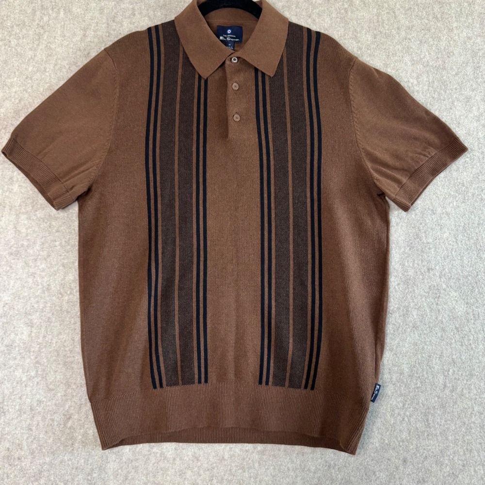 NWT Ben Sherman Sweater Knit Polo Shirt Mens M Chestnut Brown Retro Striped